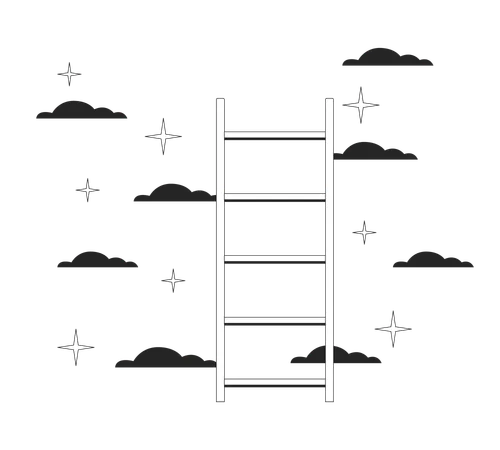 Escada para estrelas nuvens objeto de desenho animado de linha 2D preto e branco  Ilustração