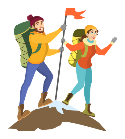 Alpinistas em pé no pico da montanha com bandeira  Ilustração