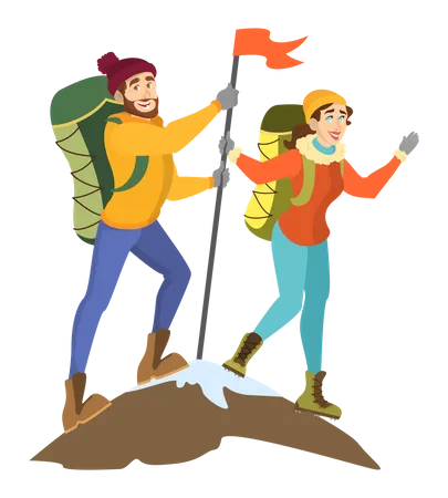Alpinistas em pé no pico da montanha com bandeira  Ilustração