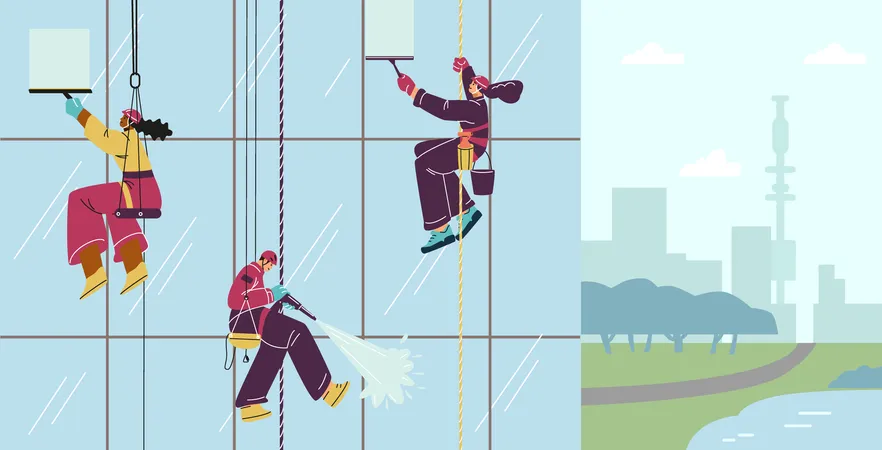 Escaladores industriales de diferentes géneros están limpiando las ventanas de un edificio de cristal.  Ilustración