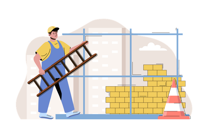 Escalera de mano de obra masculina en un sitio en construcción  Ilustración