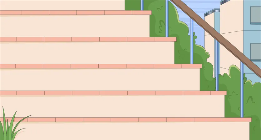 Escaleras exteriores bordeadas de arbustos y edificios distantes.  Ilustración