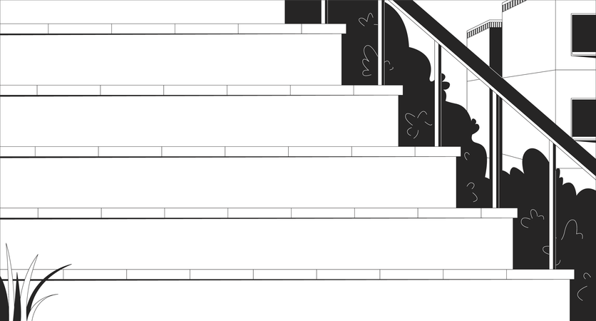 Escaleras exteriores bordeadas de arbustos y edificios distantes.  Ilustración