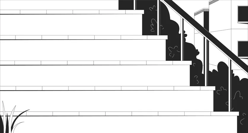 Escaleras exteriores bordeadas de arbustos y edificios distantes.  Ilustración
