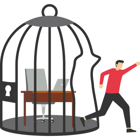 Free Escape For Freedom Resign From The Toxic Workplace Or Retirement Concept Quit The Day Job To Start A New Business Confident Entrepreneur Escaping From Toxic Workbench Birdcage Illustration
