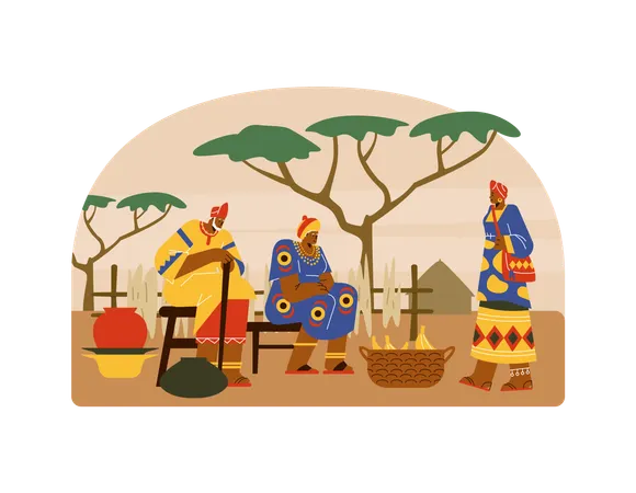 Escena de africanos vendiendo plátanos y jarrones  Ilustración
