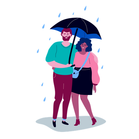 Escena de alta calidad con un niño y una niña con ropa informal parados bajo el paraguas en un día lluvioso, abrazándose  Ilustración