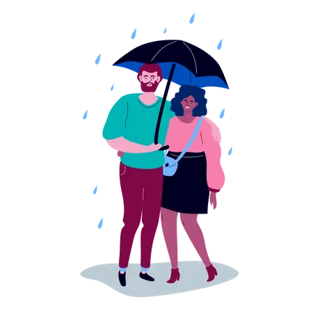 Escena de alta calidad con un niño y una niña con ropa informal parados bajo el paraguas en un día lluvioso, abrazándose  Ilustración
