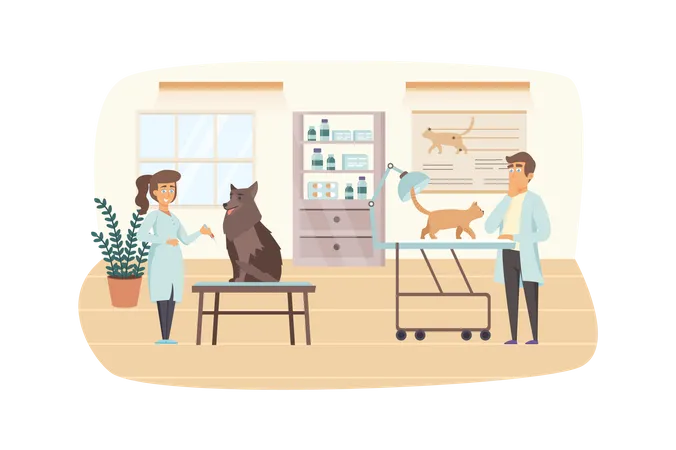 Escena de la clínica veterinaria. Los veterinarios examinan perros y gatos. Interior del consultorio médico. Medicina veterinaria, vacunación de mascotas, concepto de atención médica. Ilustración vectorial de personajes de personas en diseño plano  Ilustración