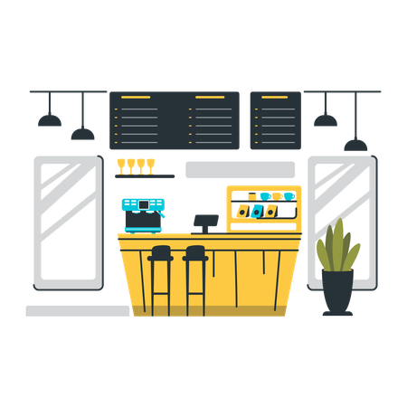 Escena de diseño interior de cafetería minimalista moderna  Ilustración