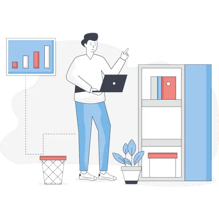 Escena de oficina con un hombre usando una computadora portátil con una estantería y plantas de interior cerca.  Ilustración