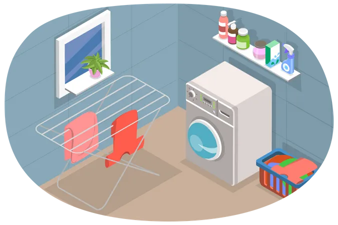 Interior del cuarto de lavado, escena doméstica con lavadora y otras cosas de lavandería  Ilustración