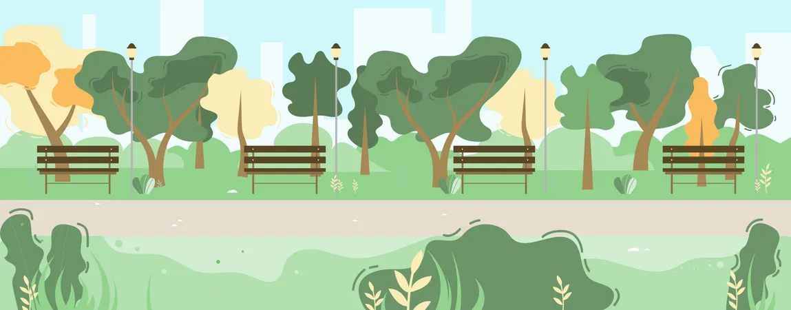 Escena del parque de la ciudad con árboles verdes, bancos  Ilustración