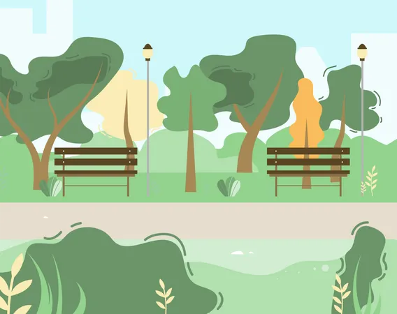 Escena del parque de la ciudad con árboles verdes, bancos  Ilustración