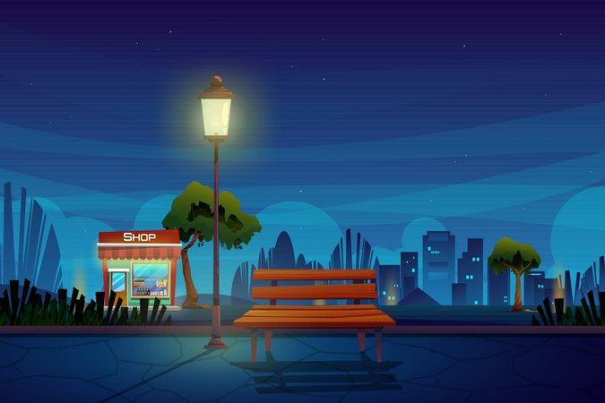 Escena nocturna con tienda de bebidas en el parque.  Ilustración