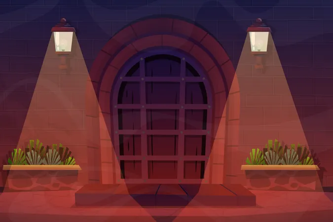 Escena nocturna de la puerta de la casa.  Ilustración