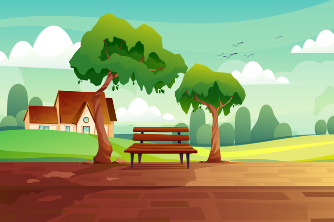 Escena rural con banco de madera entre grandes árboles.  Ilustración