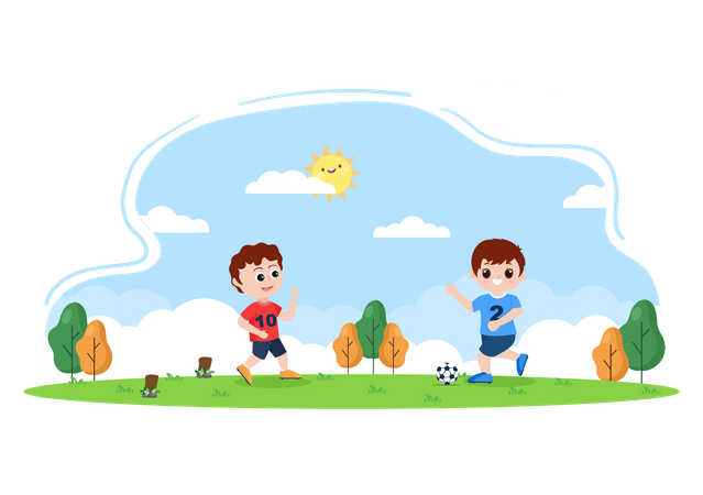 Niños de escuela jugando al fútbol  Ilustración