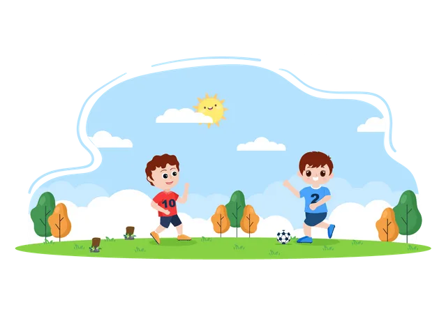 Niños de escuela jugando al fútbol  Ilustración