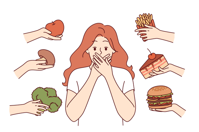 Escolha entre alimentos saudáveis e não saudáveis assusta mulher e ela não consegue decidir e criar dieta  Ilustração