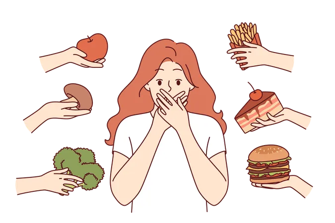 Escolha entre alimentos saudáveis e não saudáveis assusta mulher e ela não consegue decidir e criar dieta  Ilustração