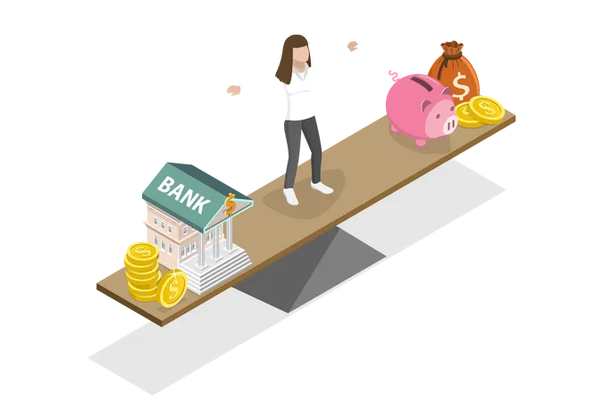 Ilustracao Conceitual De Vetor Plano Isometrico 3 D Da Escolha Entre Conta Bancaria E Piggybank Ilustração