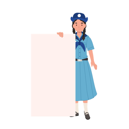 Escoteira tailandesa em uniforme com placa em branco, ideias para projetos escolares e atividades ao ar livre  Ilustração