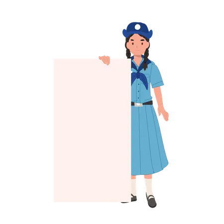 Escoteira tailandesa em uniforme com placa em branco, ideias para projetos escolares e atividades ao ar livre  Ilustração