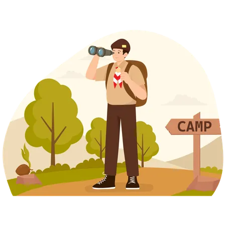 Exploração de escoteiros com binóculos  Ilustração