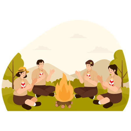 Escoteiros reunidos em fogueira  Ilustração