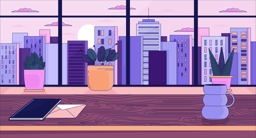 Escritorio de oficina con ventana paisaje urbano puesta de sol  Ilustración