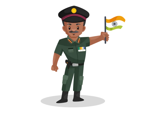 Escritório do exército indiano segurando bandeira indiana  Ilustração