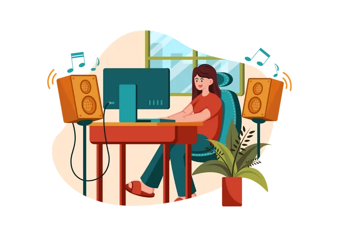 Escuchar música mientras trabajas desde casa  Ilustración