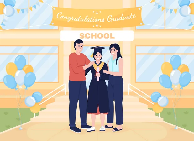 Graduado de la escuela y padres.  Ilustración