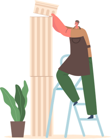 Escultor masculino instaló un bloque de mármol en un pilar entero parado en una escalera  Ilustración