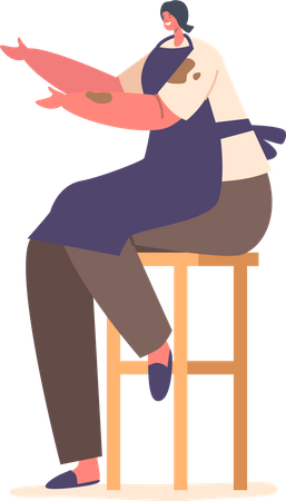 Escultora femenina vestida con manchas de arcilla sentada en un taburete  Ilustración