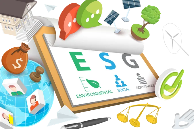 Ilustracion Conceptual Vectorial 3 D De Politicas ESG Ambientales Sociales Y De Gobierno Corporativo Medio Ambiente Y Cambio Climatico Ilustración