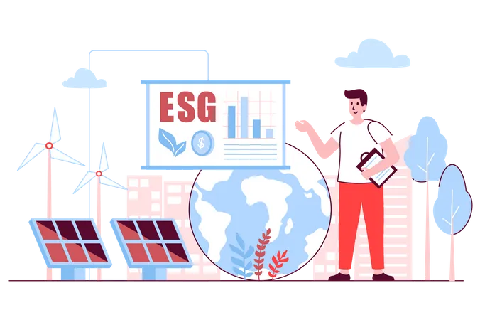 ESG Concept In Flat Line Design Environmental Social And Governance Man Developing Business Strategy Using Green And Eco Friendly Technology Vector Illustration With Outline People Scene For Web イラスト