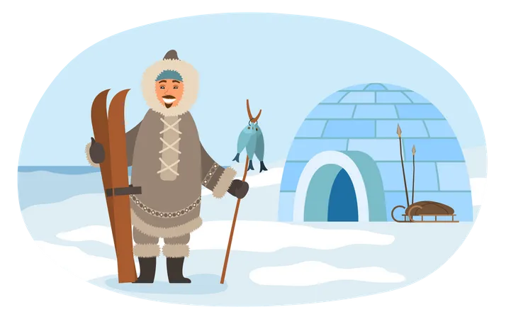 Man In Warm Clothes Living In Arctic Vector Illustration Landscape With Mountains Beautiful View Of Pole Polar Region Nature Winter Scenery Eskimo With Fish After Fishing Stands Near Igloo Illustration