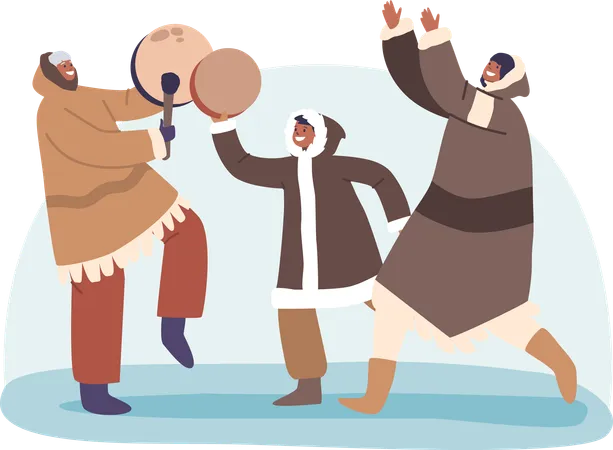 Eskimo family gather in lively circles and dancing to rhythm of drum and tambourine  Illustration