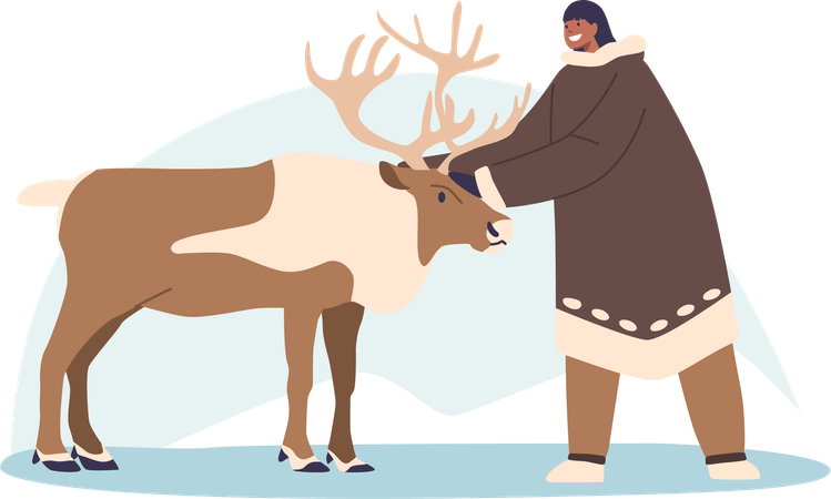 Eskimo female gently caresses deer and  forming harmonious connection with nature  Illustration