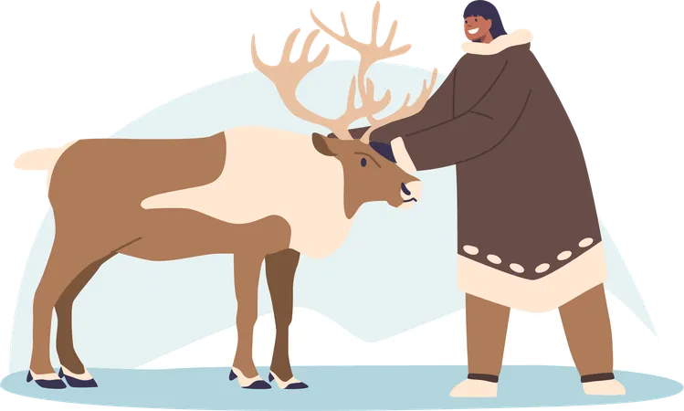 Eskimo female gently caresses deer and  forming harmonious connection with nature  Illustration