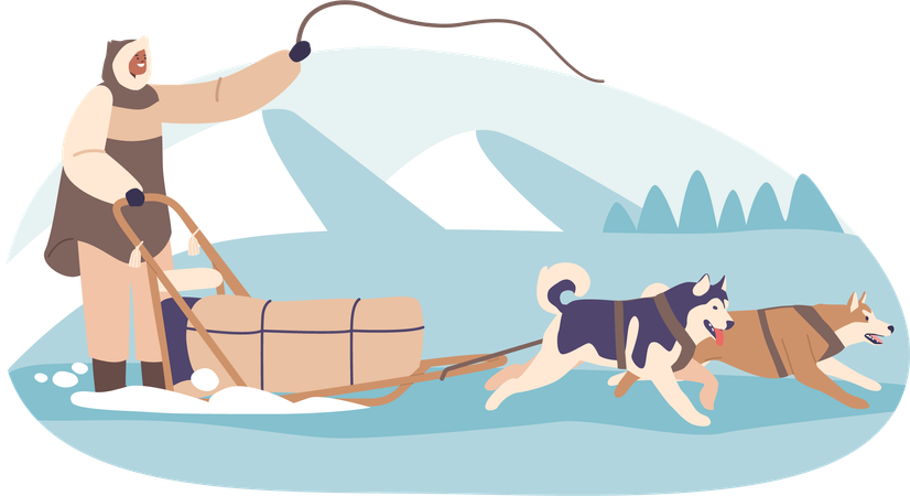 Eskimo guiding dog sled through arctic  Illustration