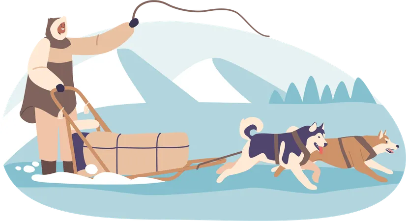 Eskimo guiding dog sled through arctic  Illustration