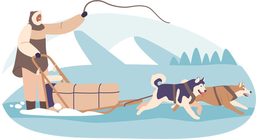 Eskimo guiding dog sled through arctic  イラスト