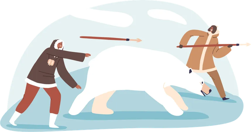 Eskimo Hunter Characters Indigenous To The Arctic Hunt Polar Bears For Subsistence They Use Teamwork And Harpoons To Ensure Survival In Extreme Environment Cartoon People Vector Illustration Illustration