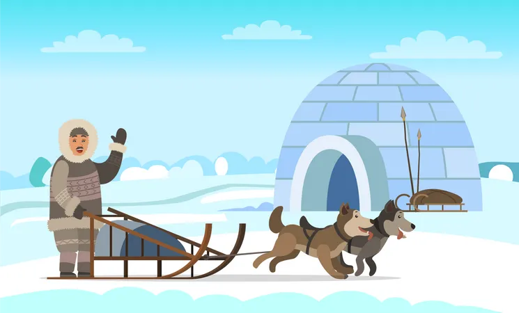 Eskimo Wearing Fur Clothes Standing Near Sleigh With Husky Man Hunter Character Waving Hand Near Igloo House On Snowy Landscape With Dogs Arctic Expeditions And Discoveries North Pole Vector Illustration