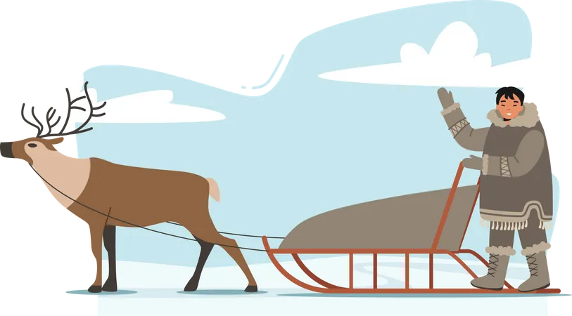 Eskimo Male Riding Reindeer Sleigh  Illustration