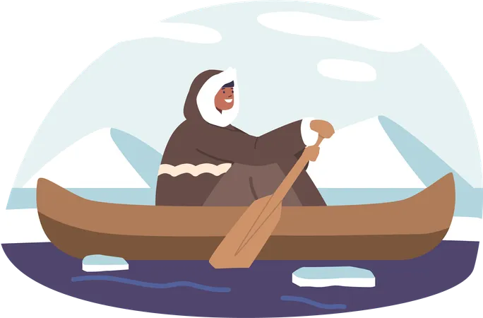 Eskimo navigates boat through icy Waters  Illustration