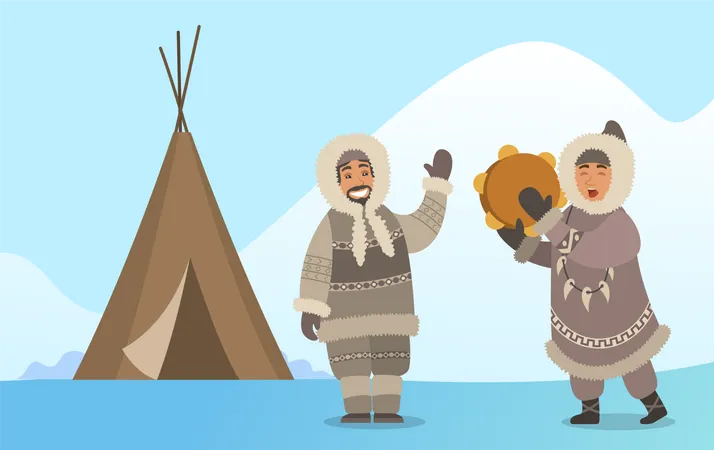 Arctic People In Traditional Warm Clothes Singing With Tambourine Instrument Man And Woman Hunters Characters With Timbrel Near Tent Happy Male And Female Standing On Snowy Landscape Vector Illustration